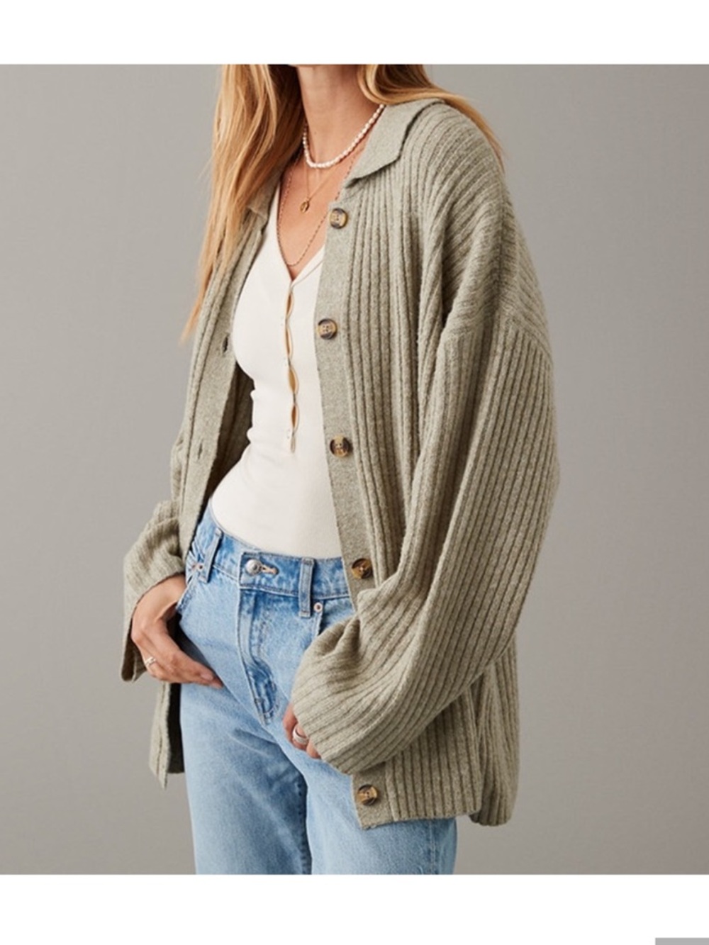 American Eagle Outfitters Ribbed Open-Front Cardigan - Sage Green